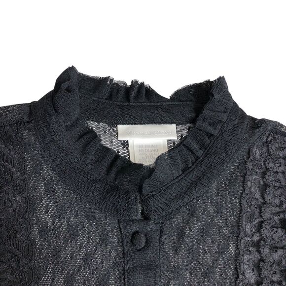 Y2K Worthington Top Womens M Black Sheer Lace Button Ruffle Neck Whimsigoth Goth - Picture 4 of 9